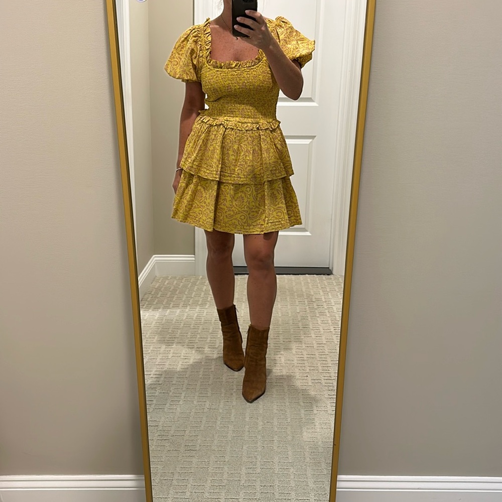 Yellow puff sleeve mini dress from Cleobella